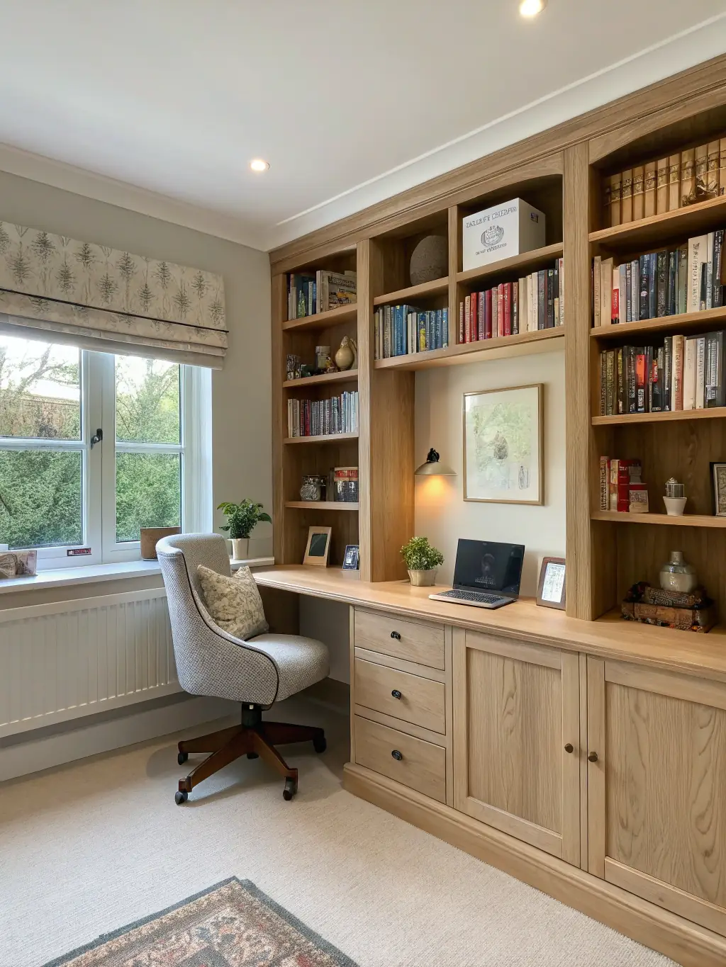 A cozy and well-organized home office space with custom shelving and ergonomic furniture, highlighting IdealHaven's expertise in creating functional workspaces.