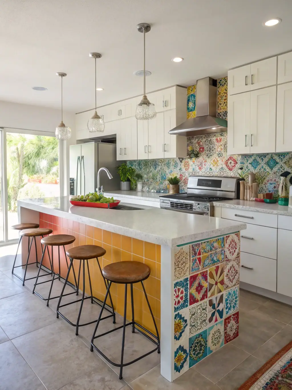 A brightly lit, modern kitchen with white cabinets, stainless steel appliances, and a large island, showcasing IdealHaven's kitchen design services.