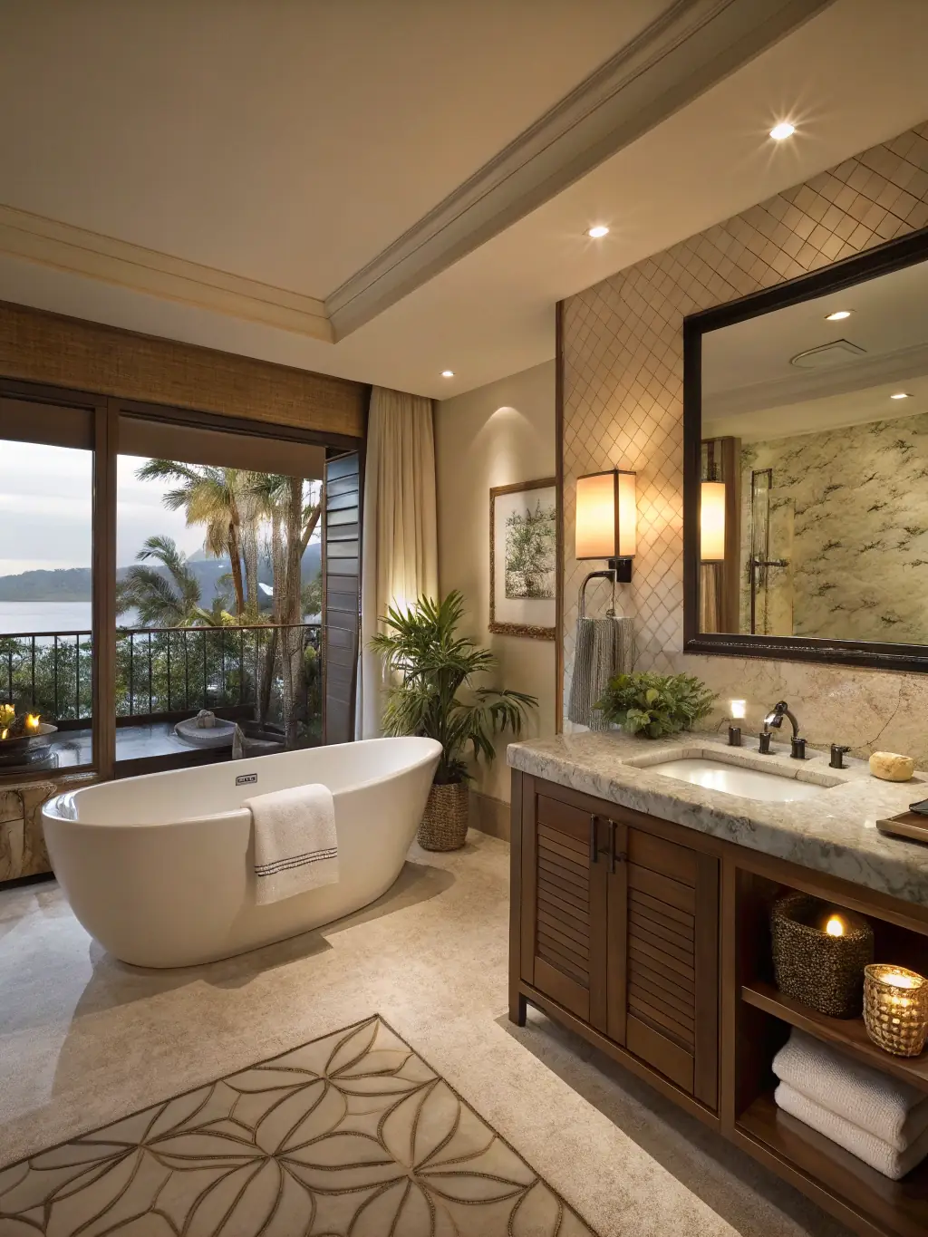 A luxurious bathroom featuring a freestanding tub, marble countertops, and elegant fixtures, representing IdealHaven's bathroom design expertise.